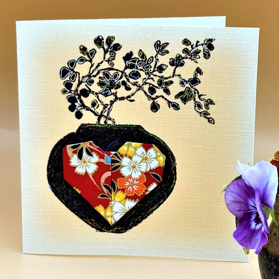 Special Occasion Greetings Card, handmade Origami heart on original print. OOAK 