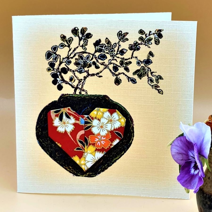 Special Occasion Greetings Card, handmade Origami heart on original print. OOAK 