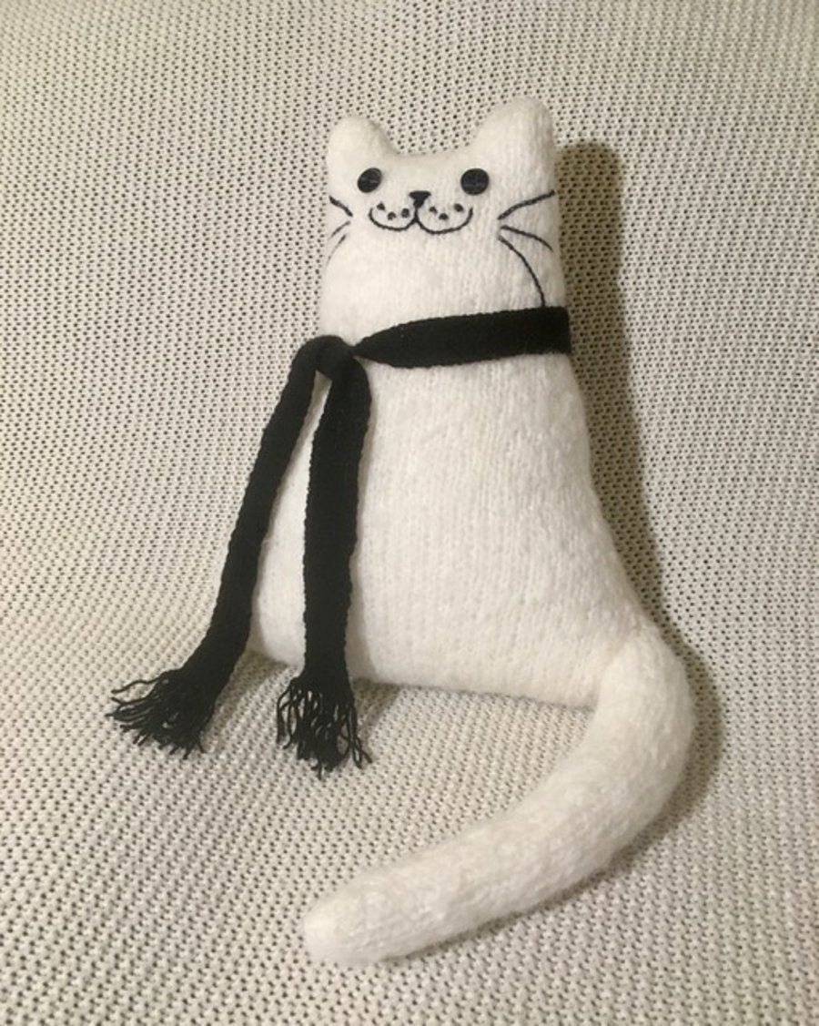 Hand knitted white mohair cat,   collectables, cat shaped cushion    