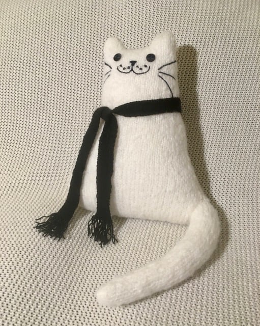 Hand knitted white mohair cat,   collectables, cat shaped cushion    