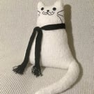 Hand knitted white mohair cat,   collectables, cat shaped cushion    