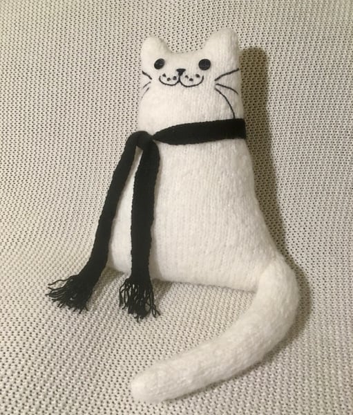 Hand knitted white mohair cat,   collectables, cat shaped cushion    