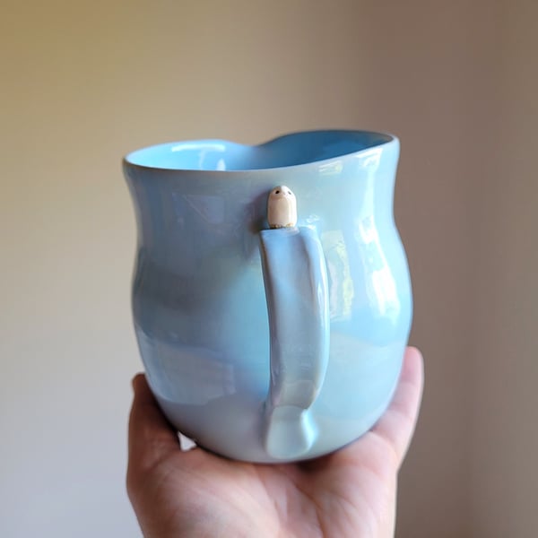 Ceramic handmade blue owl jug chunky jug with miniature bird Seconds Sunday