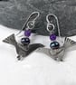 Silver bird earrings with amethyst and black pearl. - Image 5