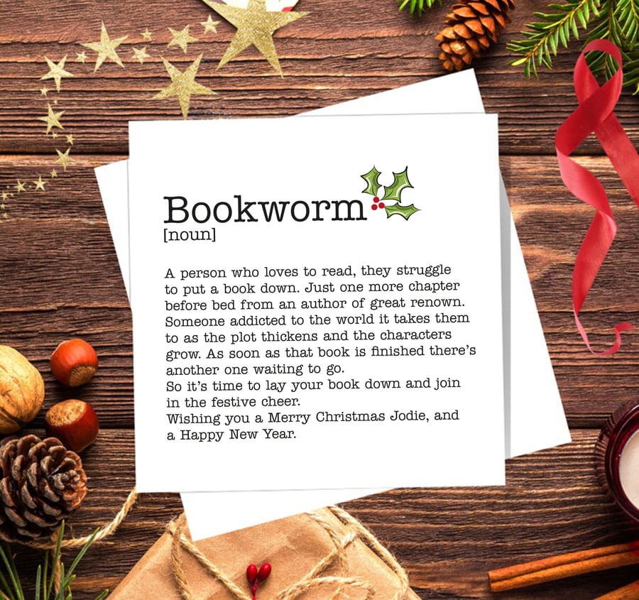 Bookworm Definition Christmas Card - Blank Inside