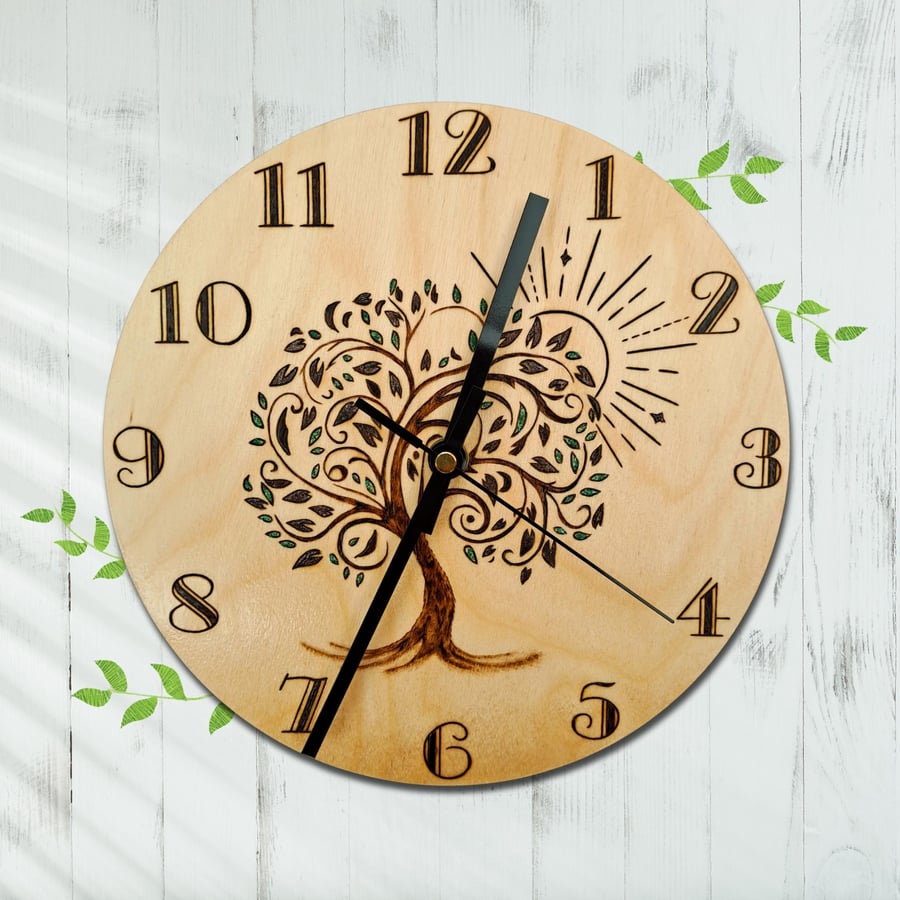 Tree Of Life Handmade Wooden Pyrography Wall Clock - Round