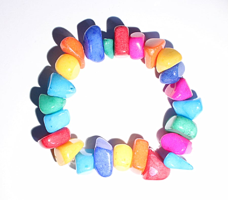 Multicoloured dyed jade gemstone chunks, elasticated bracelet, stacking bracelet
