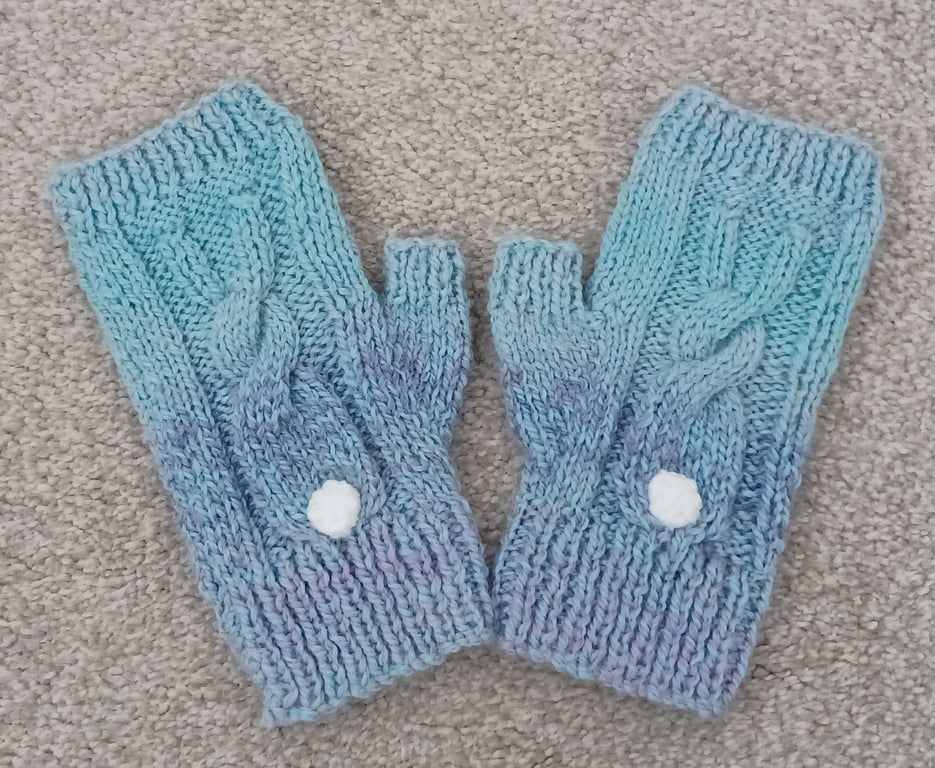 Pale Blue Lilac Fingerless Gloves With Bunny Motif and White Bobble Tails (J108)