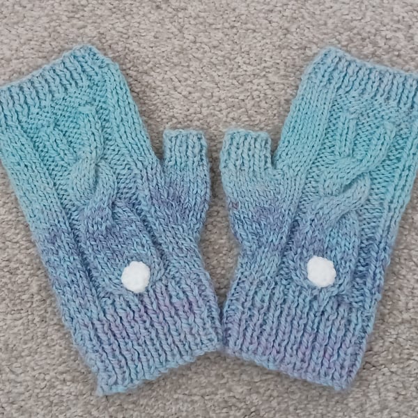 Pale Blue Lilac Fingerless Gloves With Bunny Motif and White Bobble Tails (J108)