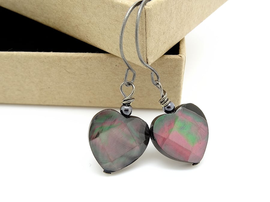 SALE!!! Faceted Black Lip Shell Heart Earrings