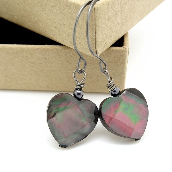 SALE!!! Faceted Black Lip Shell Heart Earrings