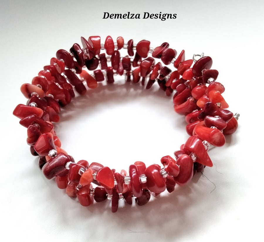 Red Coral Memory Wire Bracelet 