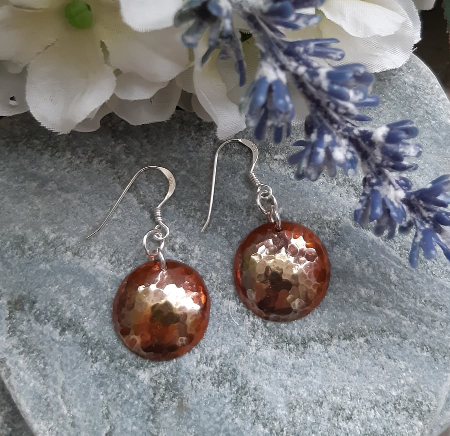 Oxidised Disc Shaped Copper Earrings With Sterling Silver Ear Wires