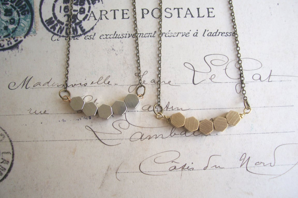 Golden Honeycomb Row necklace - solid brass hexagon beads - geometric jewellery
