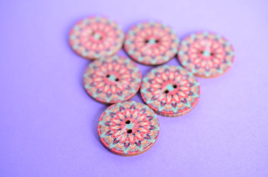 Wooden Mandala Patterned Buttons Salmon Pink Purple Aqua 6pk 25mm (M13)