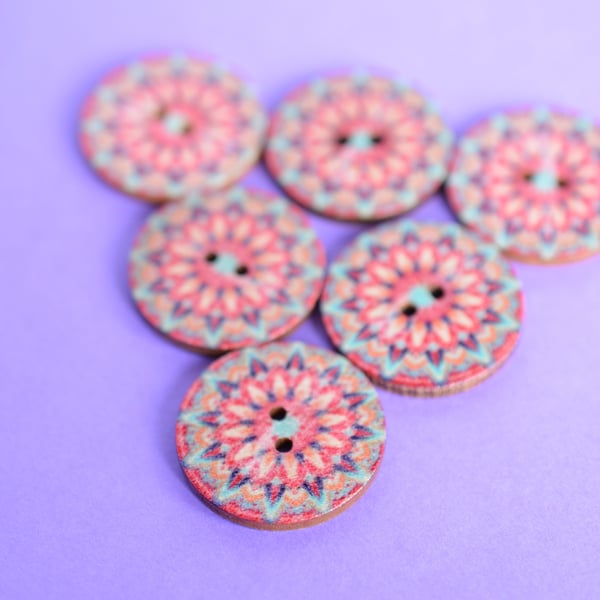Wooden Mandala Patterned Buttons Salmon Pink Purple Aqua 6pk 25mm (M13)