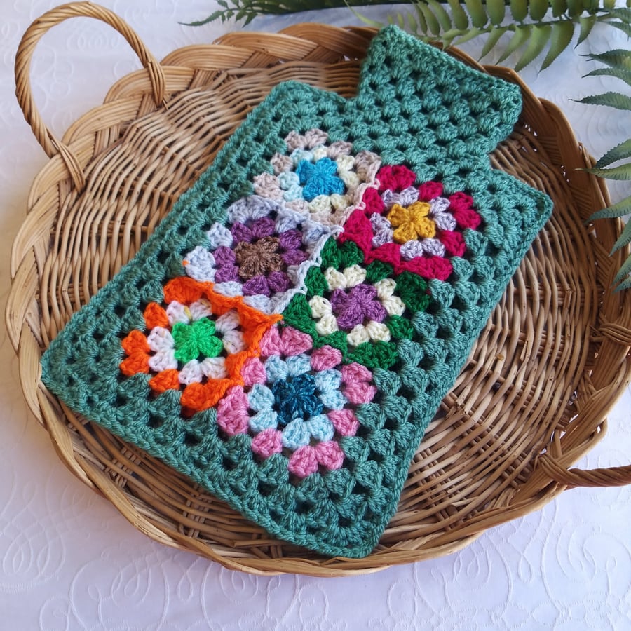  Crochet Hot Water Bottle Cover Granny Square Sage Green