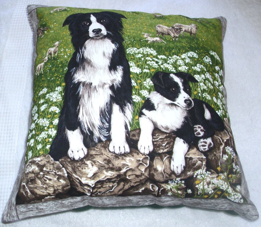 Border Collie sheepdog and pup cushion