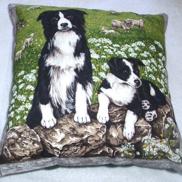 Border Collie sheepdog and pup cushion