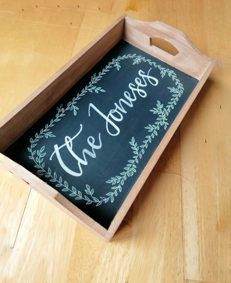 Personalised wooden tea tray - handpainted chalkboard serving tray - custom tray