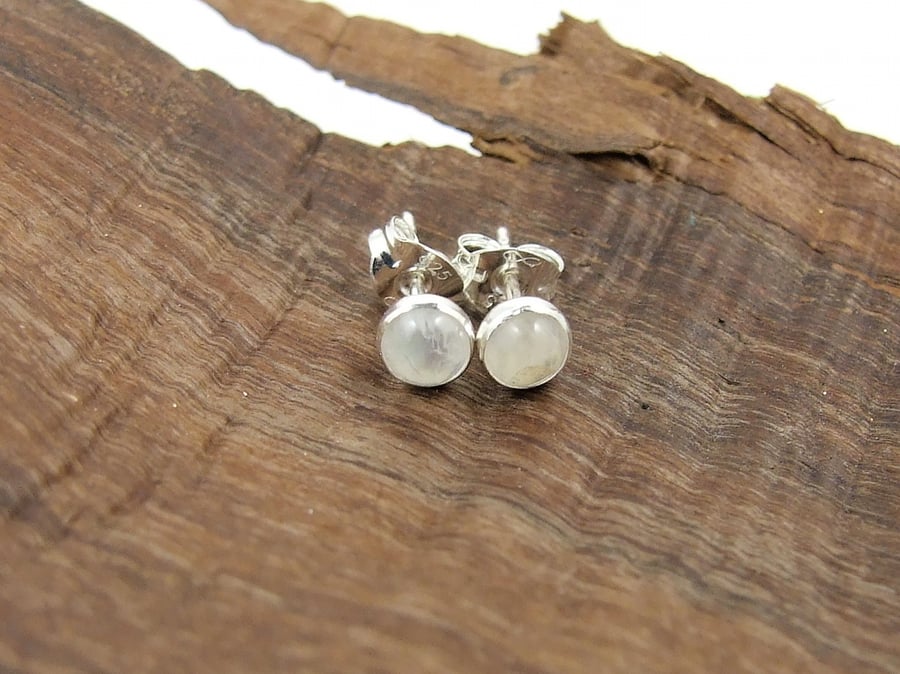 Tiny Moonstone Gemstone and Sterling Silver Stud Earrings