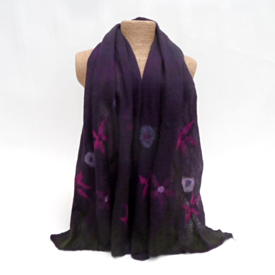 Deep purple floral nuno felted scarf, wool on silk