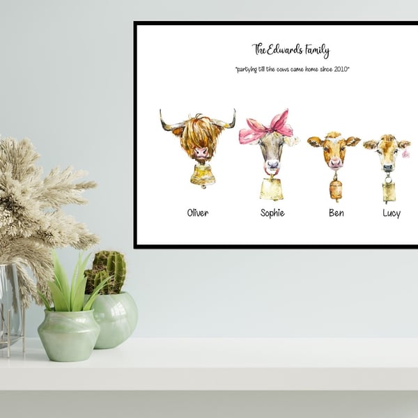 Cow Family Name Print, Personalised for family and friends