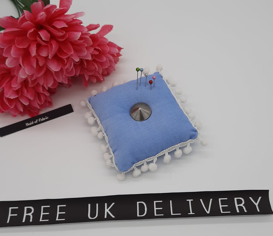 Pin cushion in blue with white bobble trim. Free uk delivery.  