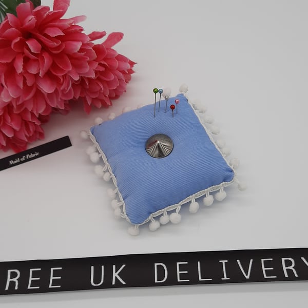 Pin cushion in blue with white bobble trim. Free uk delivery.  