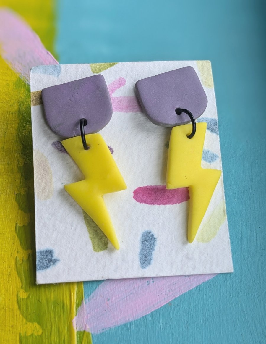 Thunderbolt earrings, bright yellow lightening strike, dangly earrings