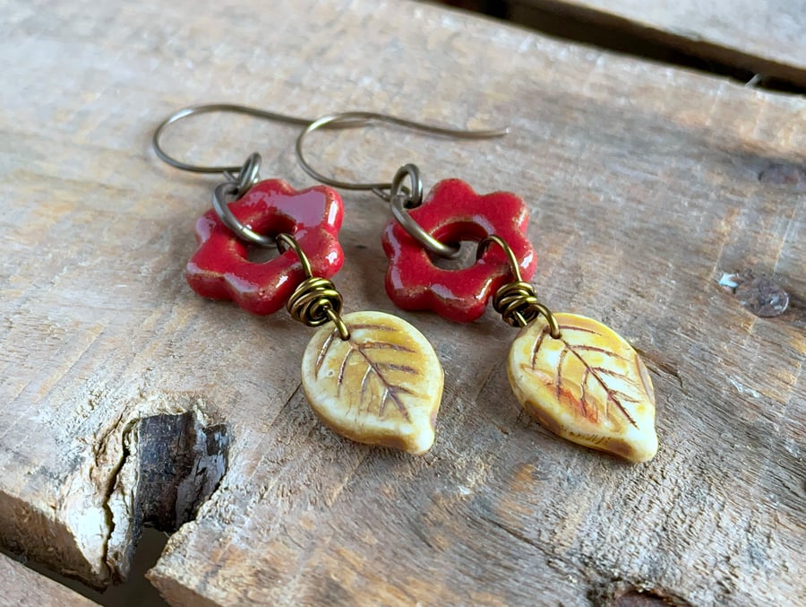 Rustic Red Ceramic Flower Earrings. Glass Leaf Earrings. Nature Inspired