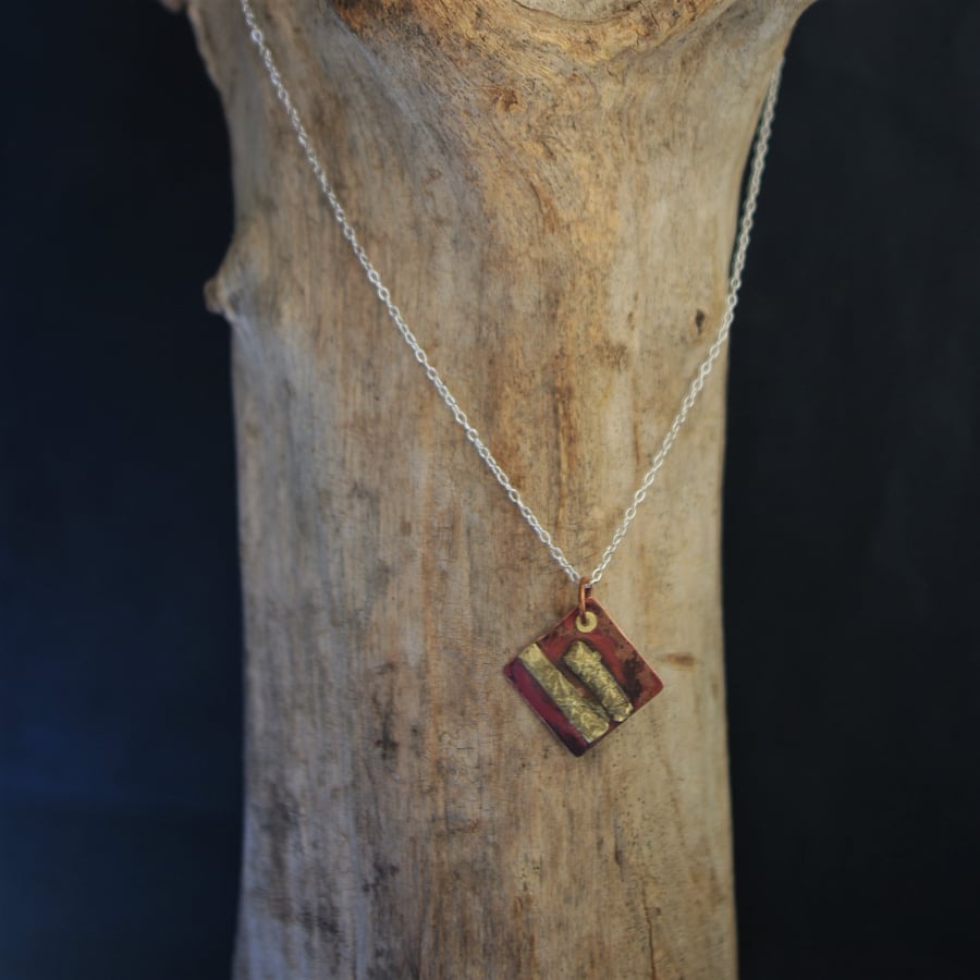  Copper with Reticulated Brass Geometric  Pendant on a Silver Chain