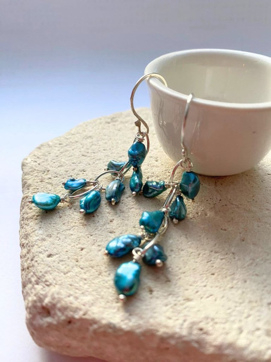 Baroque Freshwater Blue Pearl Chain Link Earrings