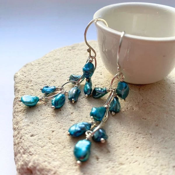 Baroque Freshwater Blue Pearl Chain Link Earrings