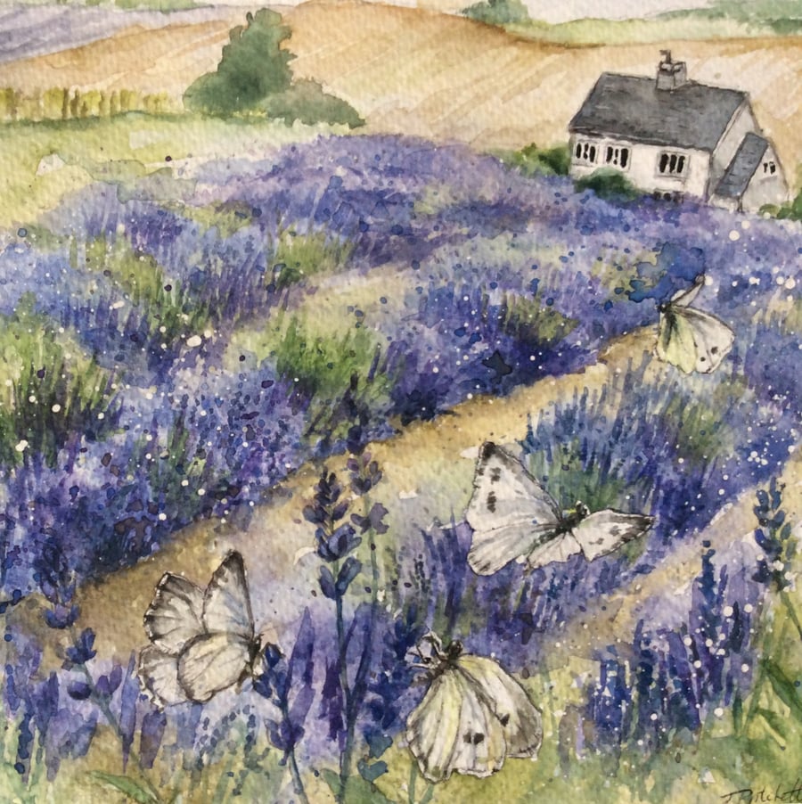 Original watercolour painting of lavender field and butterflies 