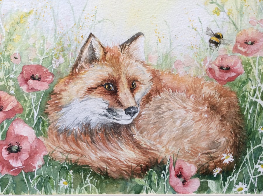 Original watercolour painting of fox and poppies