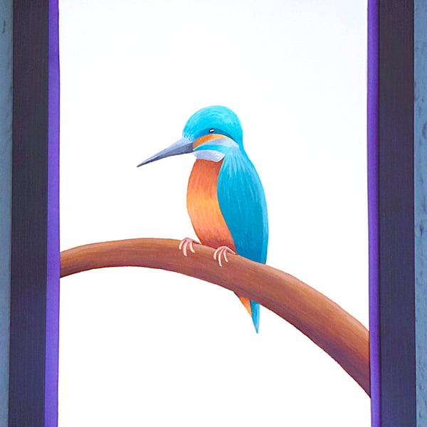 Handmade Unique Framed A3 Print Colourful Kingfisher Purple Border Wallart