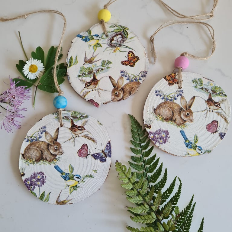 Rabbit and birds wood slice hanging decoration home decor