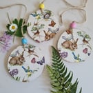 Rabbit and birds wood slice hanging decoration home decor
