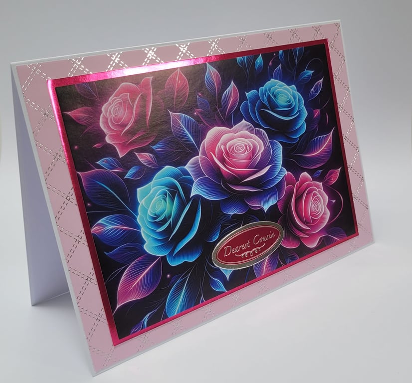 Cousin Birthday Card - Luxury Neon Rose Floral Birthday Card for Cousin