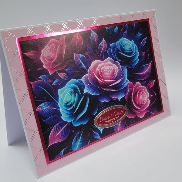 Cousin Birthday Card - Luxury Neon Rose Floral Birthday Card for Cousin