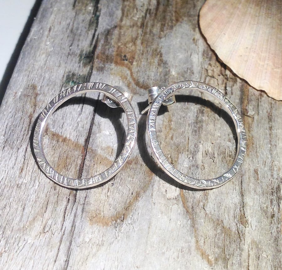 Textured Sterling Silver Hoop Stud Earrings (ERSSSTHP6) - UK Free Post