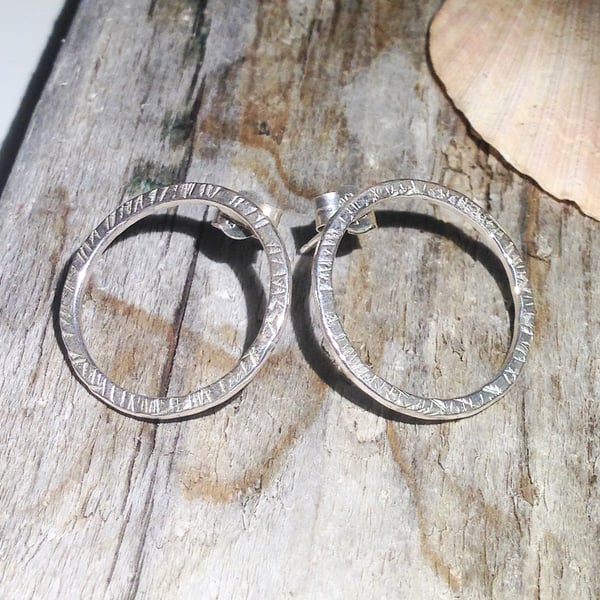 Textured Sterling Silver Hoop Stud Earrings (ERSSSTHP6) - UK Free Post