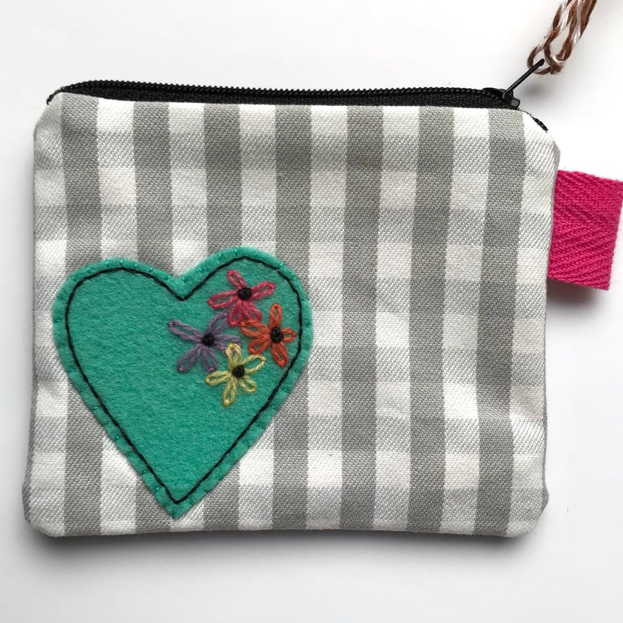 Hand Embroidered Coin Purse- Mint Green Heart with Flower Embroidery