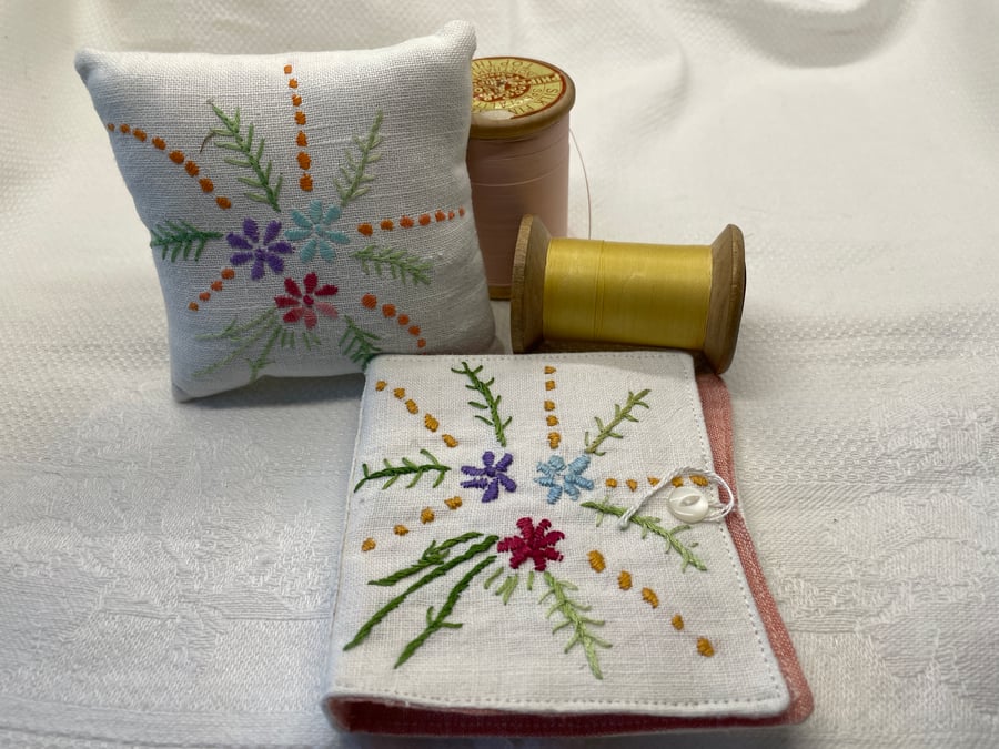 Hand embroidered Pincushion and needlecase set