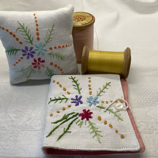 Hand embroidered Pincushion and needlecase set