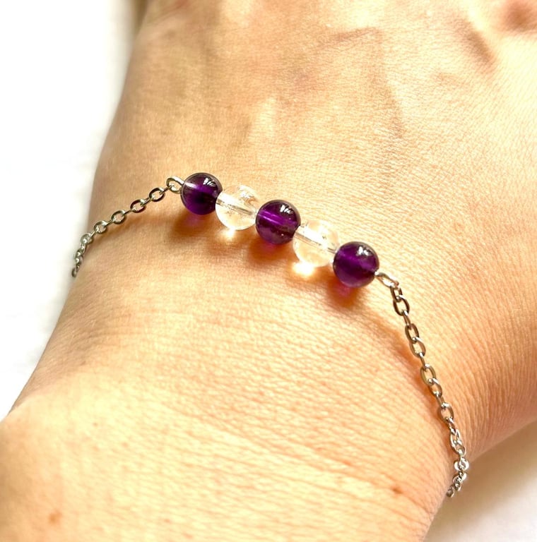 Amethyst and Clear Quartz bracelet with stainless steel - Birthstones - Health
