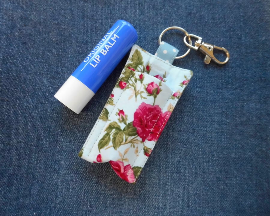 Key ring lip balm holder blue floral fabric keyring 