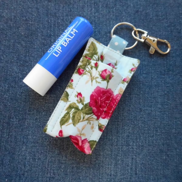 Key ring lip balm holder blue floral fabric keyring 