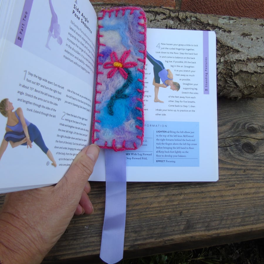 Hand stitched book mark Wet felted base, embroidered flower, wool fabric reverse